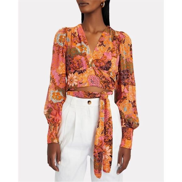A.L.C. Samara Silk Floral Cropped Top Orange Pink Long Sleeve Blouse size 00 - Picture 2 of 13